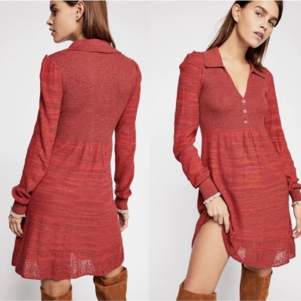 Free People Red Rain or Shine Knit Mini Dress Collared Sweater Size Large